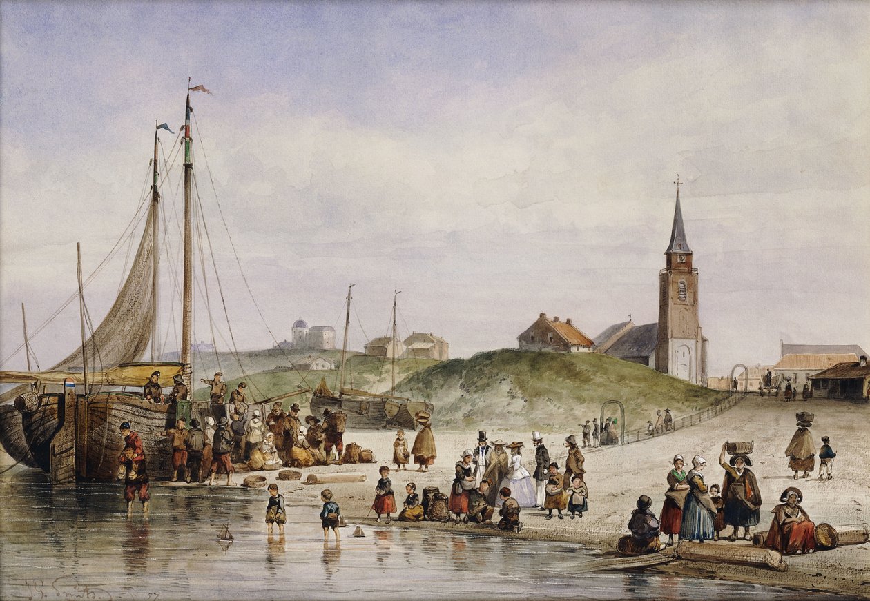 Fiskere på en strand med en by hinsides, 1857 af Johan Gerard Smits