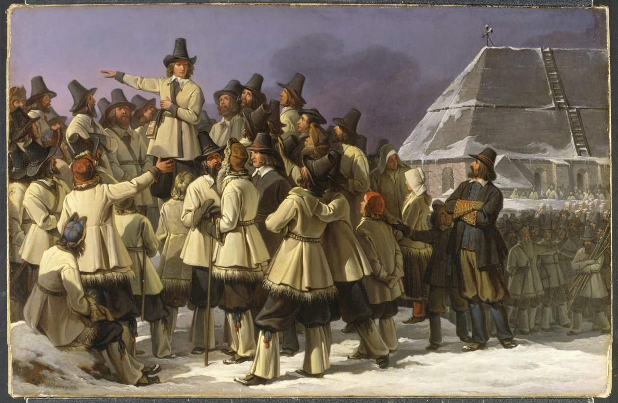 Kong Gustav Vasa af Sverige tiltaler mænd fra Dalarna i Mora, af Sandberg, Johan Gustaf (1782-1854). Olie på lærred af Johan Gustaf Sandberg