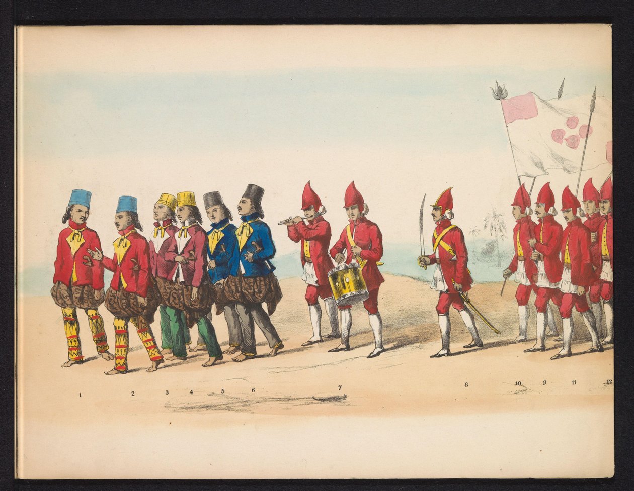 Masquerade of the Delft Students, 1857 (plade 1) Udklædt procession afholdt af medlemmerne af Delfts studenterkorps den 5. maj 1857, forestillende Garebeg procession af sultanen af ​​Djokjokarta og de mest karakteristiske typer fra Holland. af Johan Hendrik Hoffmeister