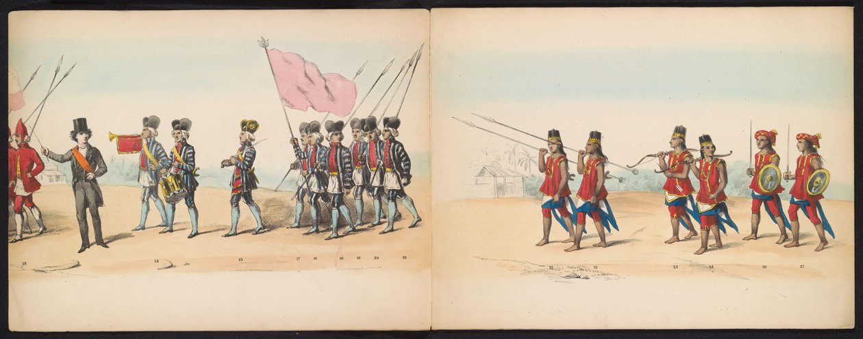 Masquerade of the Delft Students, 1857 (plade 2) Udklædt procession afholdt af medlemmerne af Delfts studenterkorps den 5. maj 1857, forestillende Garebeg procession af sultanen af ​​Djokjokarta og de mest karakteristiske typer fra Holland. af Johan Hendrik Hoffmeister