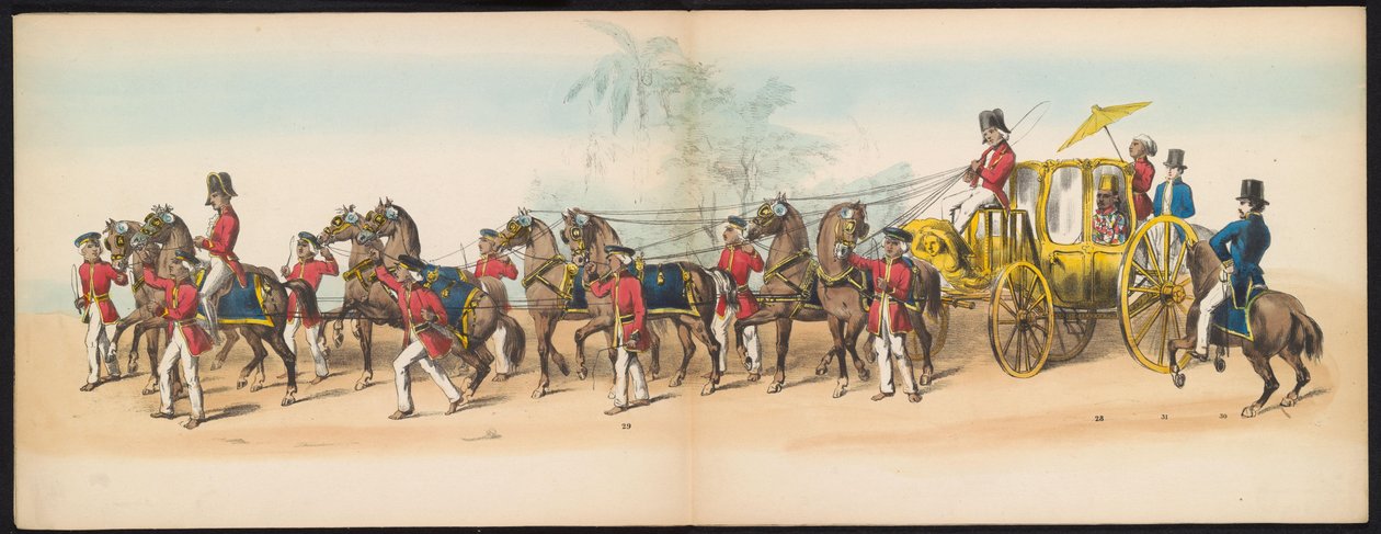 Masquerade of the Delft Students, 1857 (plade 3) Udklædt procession afholdt af medlemmerne af Delfts studenterkorps den 5. maj 1857, forestillende Garebeg procession af sultanen af ​​Djokjokarta og de mest karakteristiske typer fra Holland. af Johan Hendrik Hoffmeister