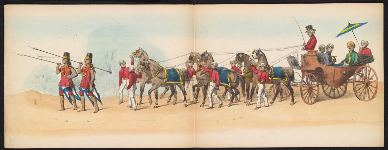 Masquerade of the Delft Students, 1857 (plade 4) Udklædt procession afholdt af medlemmerne af Delfts studenterkorps den 5. maj 1857, forestillende Garebeg procession af sultanen af ​​Djokjokarta og de mest karakteristiske typer fra Holland. af Johan Hendrik Hoffmeister