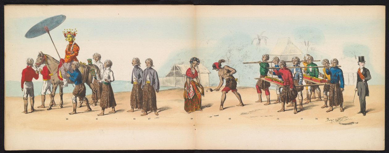 Masquerade of the Delft Students, 1857 (plade 6) Udklædt procession afholdt af medlemmerne af Delfts studenterkorps den 5. maj 1857, forestillende Garebeg procession af sultanen af ​​Djokjokarta og de mest karakteristiske typer fra Holland. af Johan Hendrik Hoffmeister