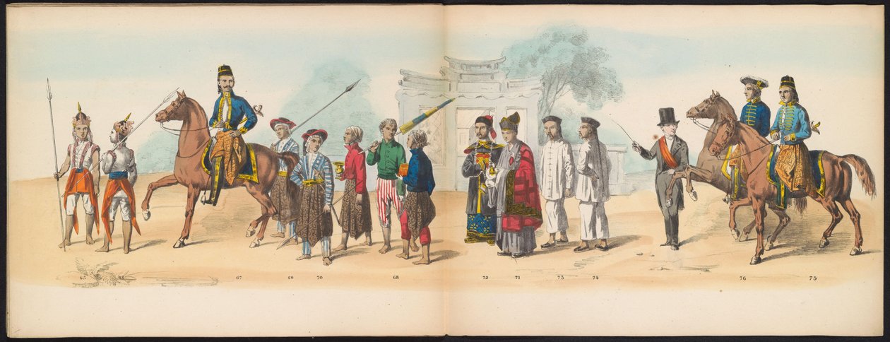 Masquerade of the Delft Students, 1857 (plade 8) Udklædt procession afholdt af medlemmerne af Delfts studenterkorps den 5. maj 1857, forestillende Garebeg procession af sultanen af ​​Djokjokarta og de mest karakteristiske typer fra Holland. af Johan Hendrik Hoffmeister