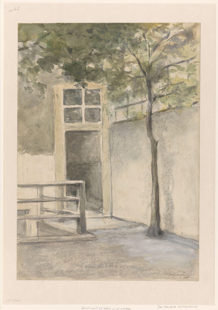 Udsigt til en gårdhave fra kunstnerens atelier i Kazernestraat i Haag af Johan Hendrik Weissenbruch (signed by artist)