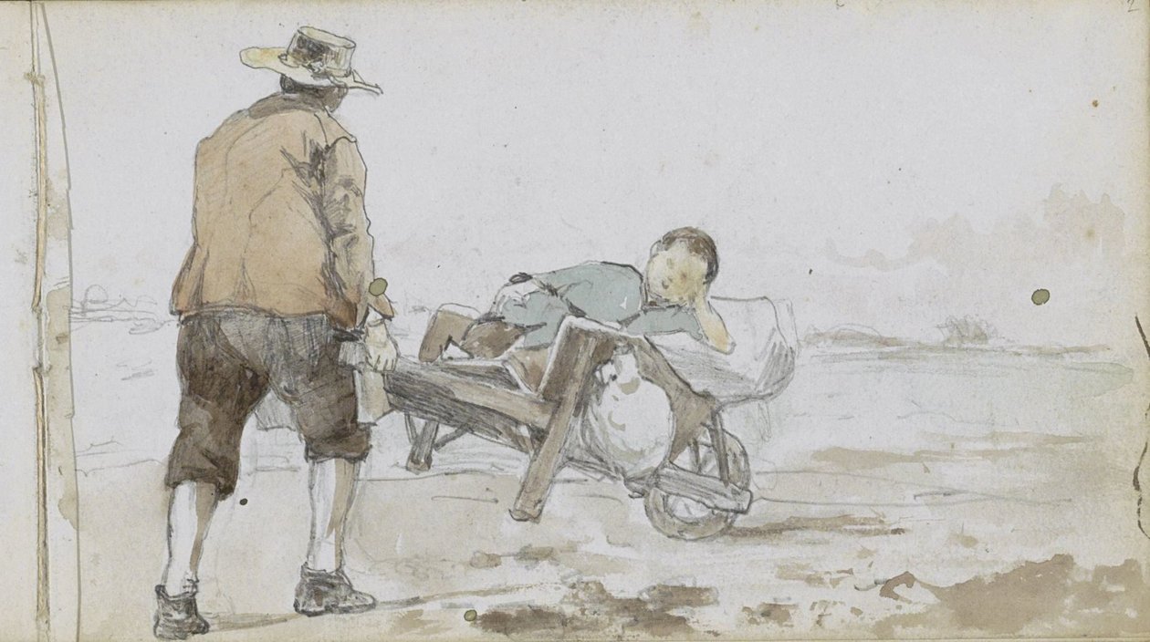 Landskab med en mand, der skubber en dreng på en klapvogn af Johan Hendrik Weissenbruch
