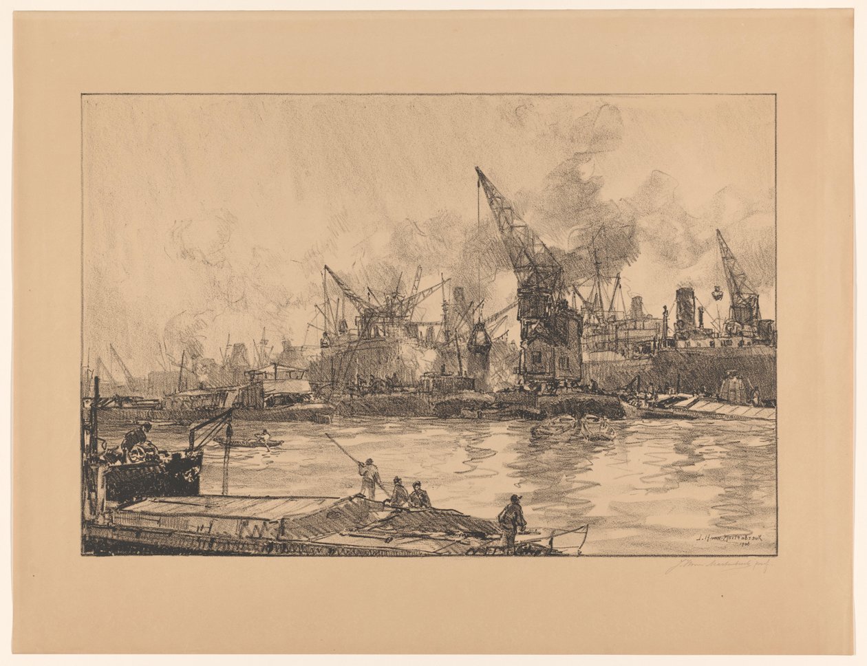 Udsigt over havnen i Rotterdam, med forskellige kraner af Johan Hendrik van Mastenbroek (signed by artist)
