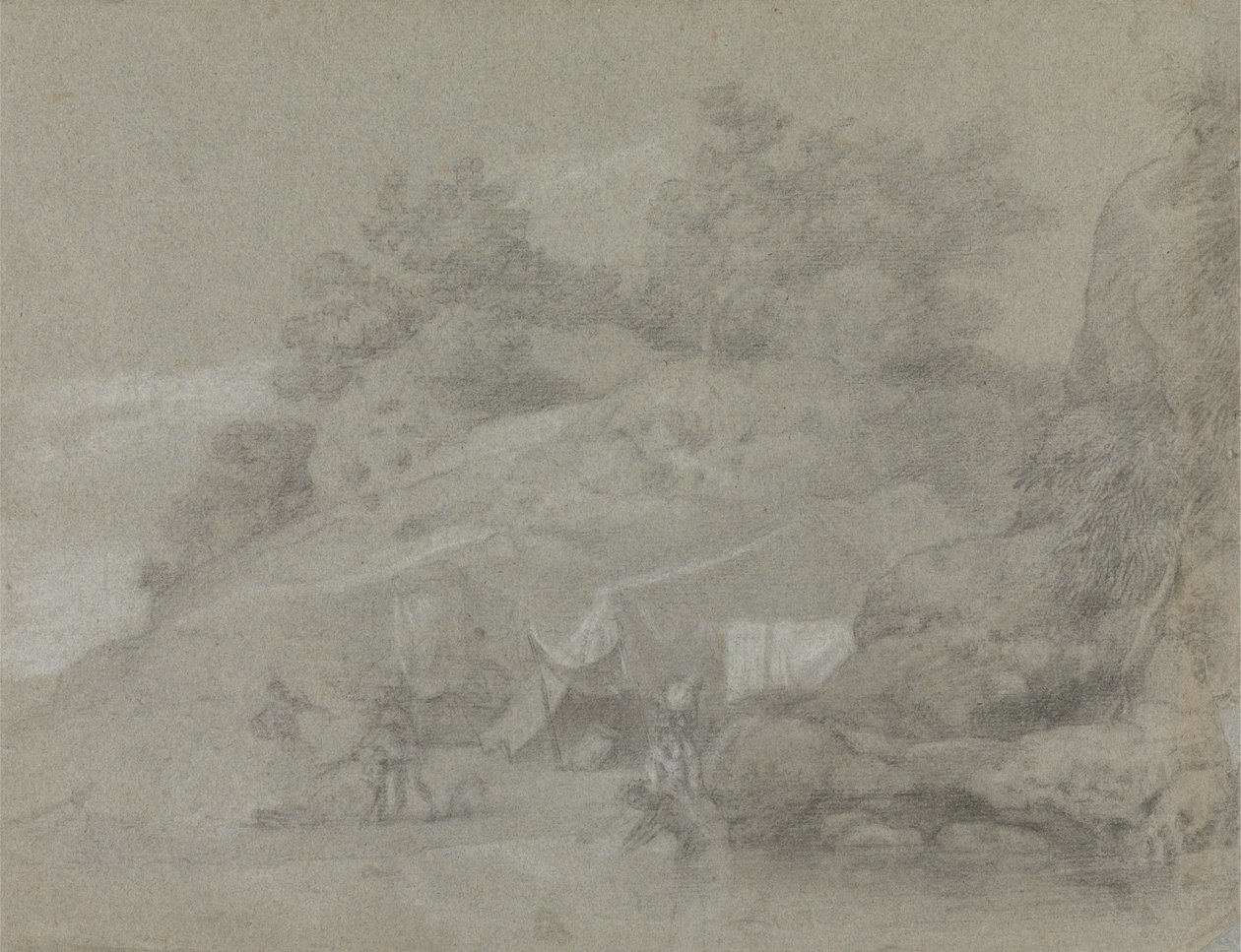 En flod ved en stenet bred med figurer, muligvis i Indien af Johan Joseph Zoffany