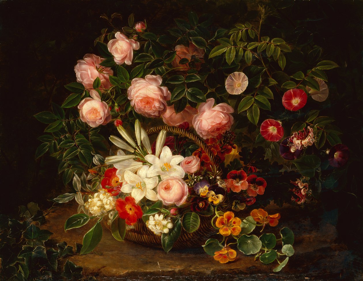 En kurv med roser, liljer og stedmoderblomster af en rosenbusk af Johan Laurents Jensen