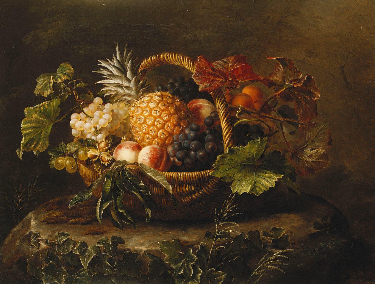 En ananas, druer, ferskner og abrikoser i en kurv, af Johan Laurents Jensen