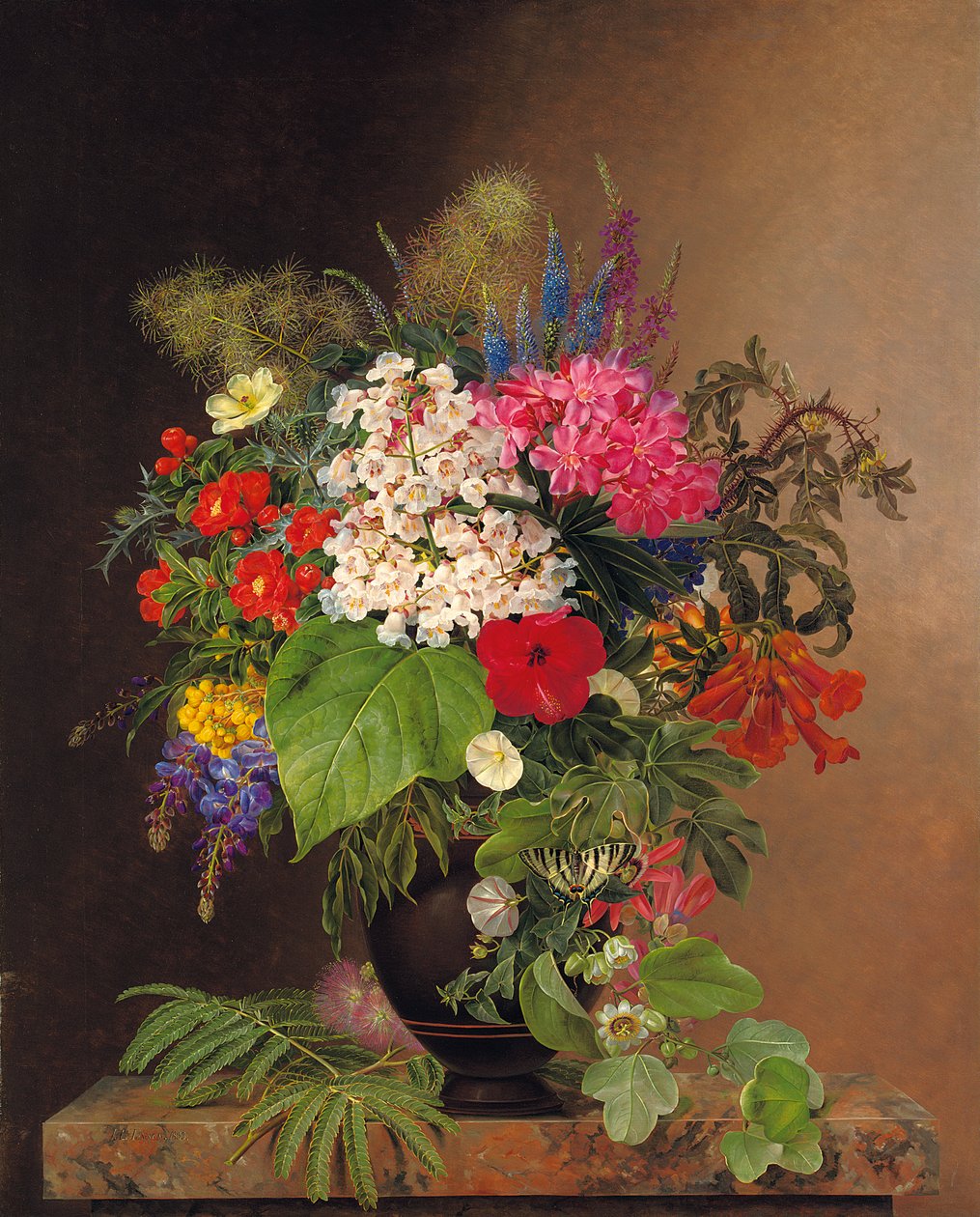 Convolvulus, lupiner, speedwell og fuschia i en vase, 1833 af Johan Laurents Jensen