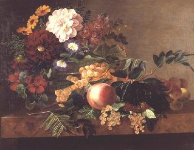 Blomster og frugt på et marmorbord af Johan Laurents Jensen