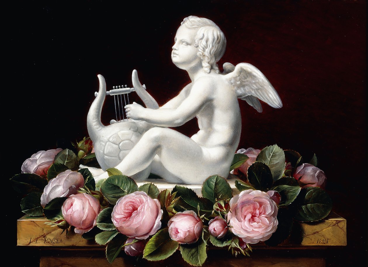 Garland of Pink Roses omkring Amor, der spiller en lyre på en marmorkant, 1841 af Johan Laurents Jensen