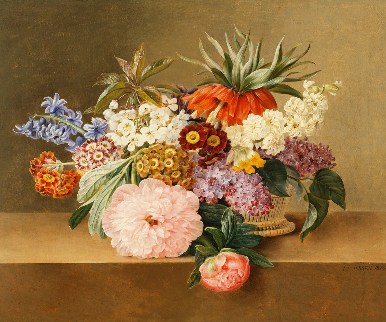 Iris, Syren, Primulae, Blomster og Pæoner i en Kurv, af Johan Laurents Jensen