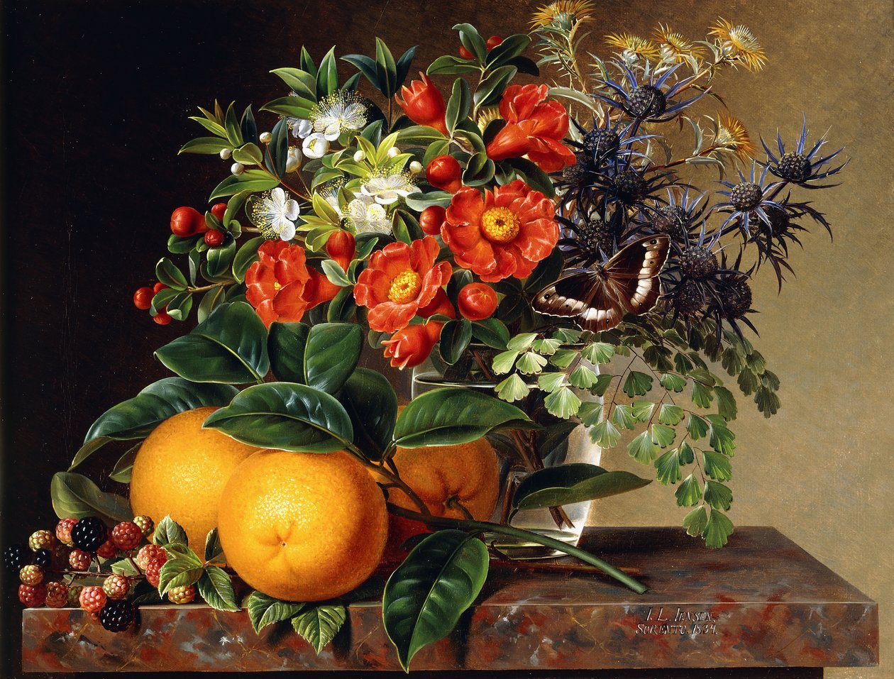 Appelsiner, brombær og en vase med blomster på en afsats, 1834 af Johan Laurents Jensen
