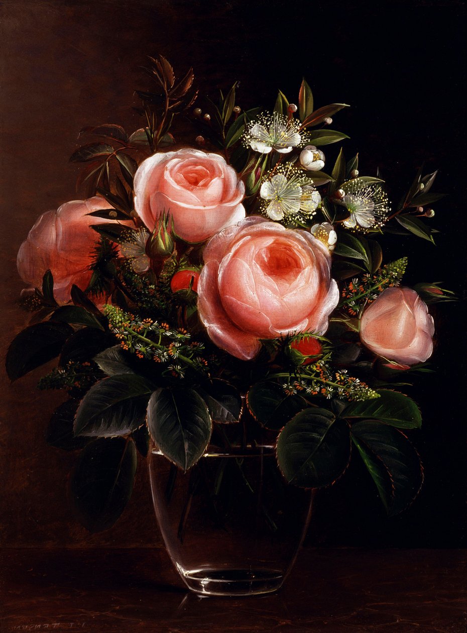 Roser og træanemoner i en glasvase. Peinture de Johan Laurentz Jensen (1800-1856 dansk) Collection privee af Johan Laurents Jensen