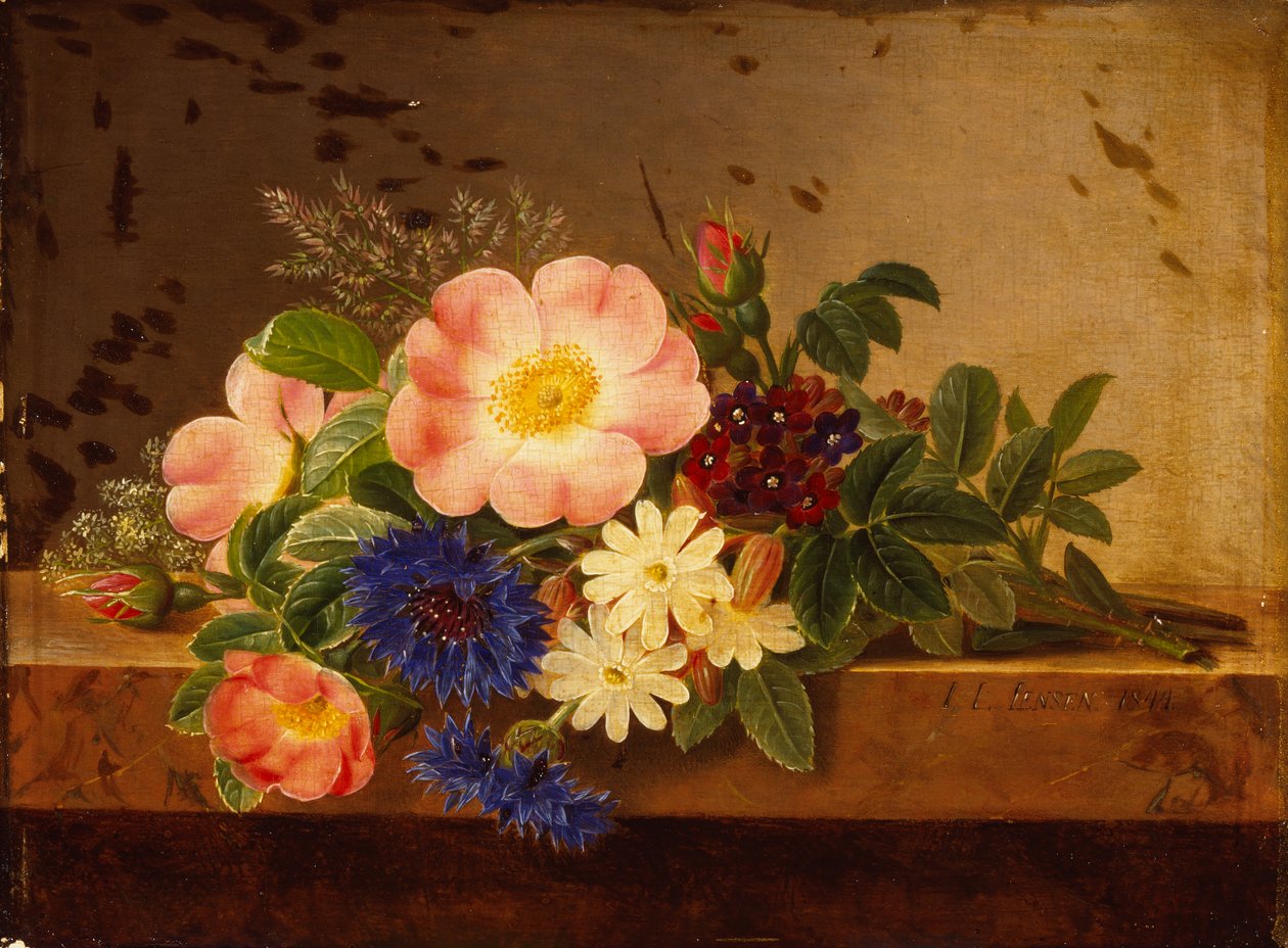 Vilde blomster, kornblomster og andre blomster på en afsats (olie på lærred) af Johan Laurents Jensen