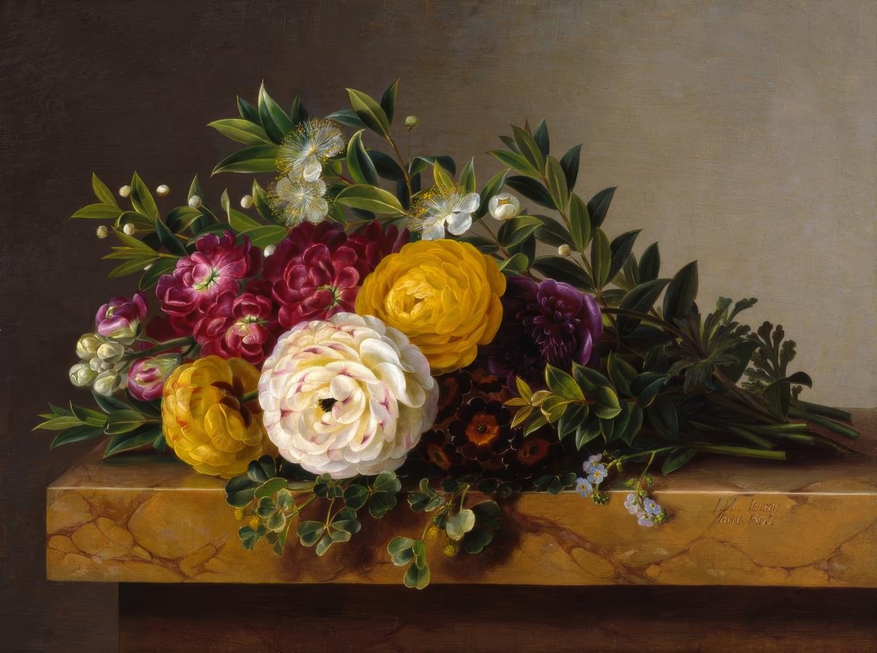 J.L.Jensen, buket blomster på marmorplade af Johan Laurentz Jensen