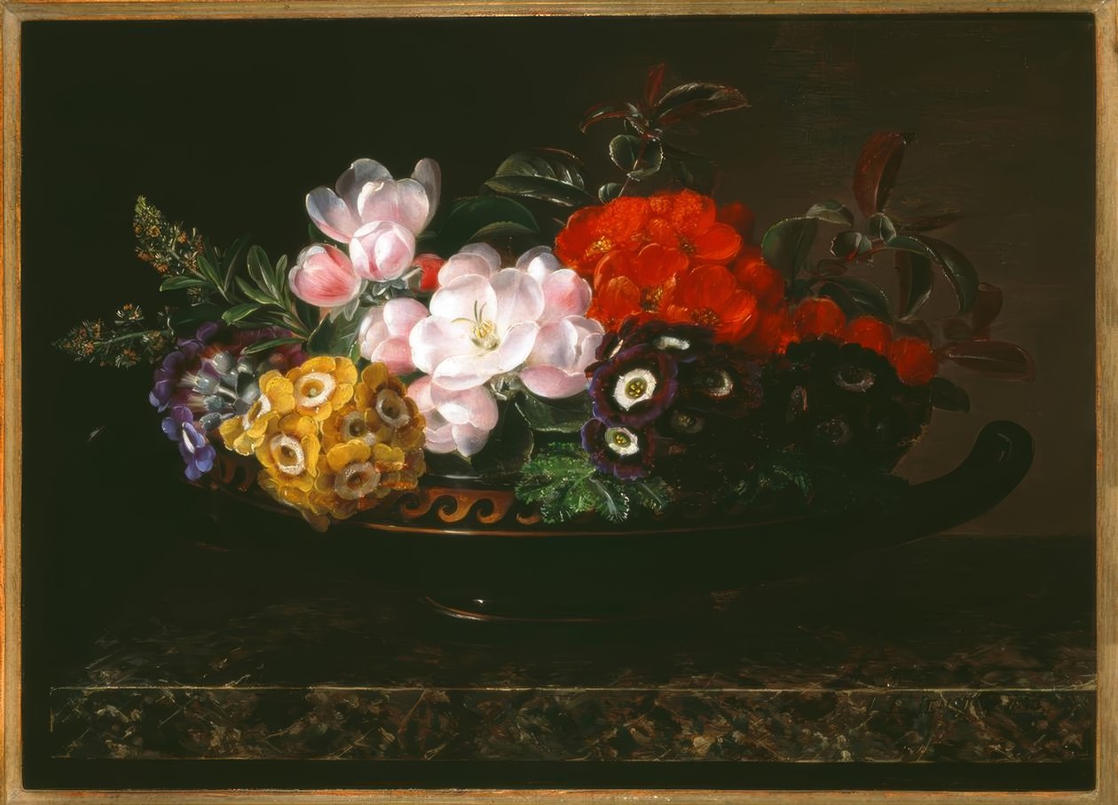 J.L. Jensen, Stilleben med blomster i en antik skål af Johan Laurentz Jensen