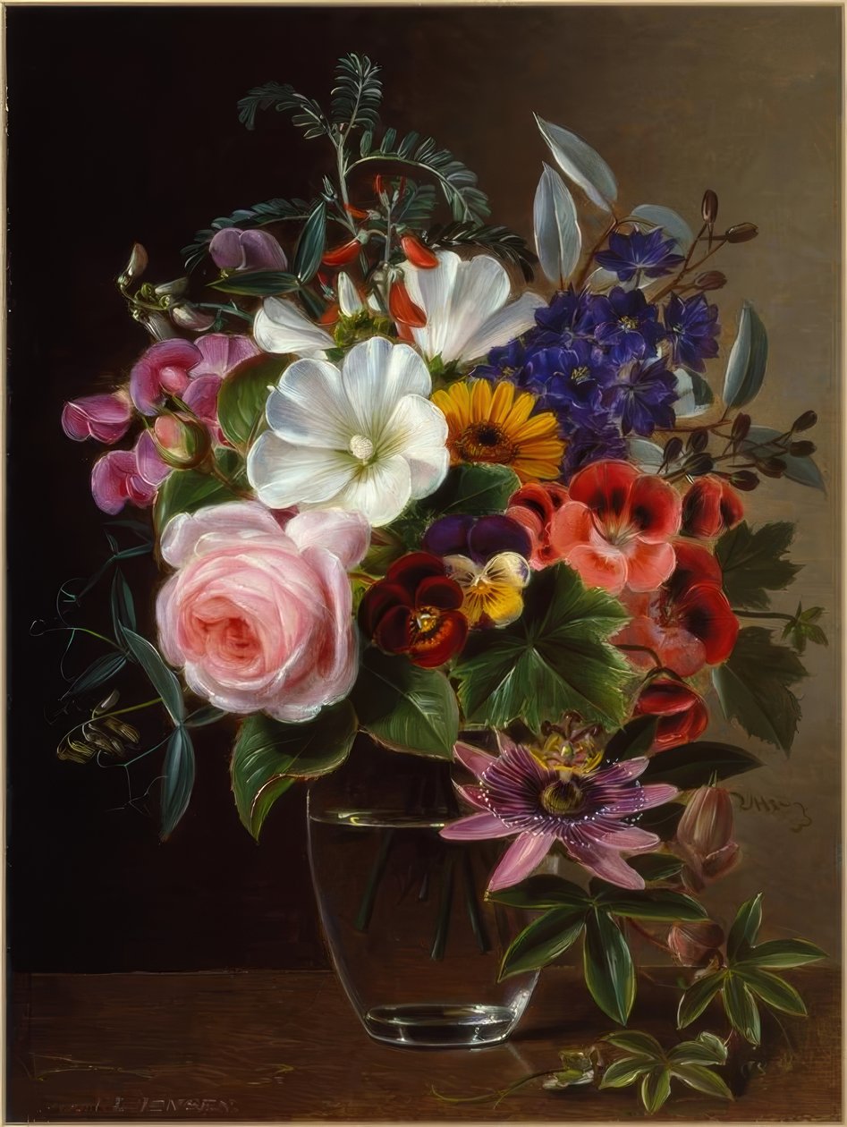 J.L. Jensen, buket blomster i vase af Johan Laurentz Jensen