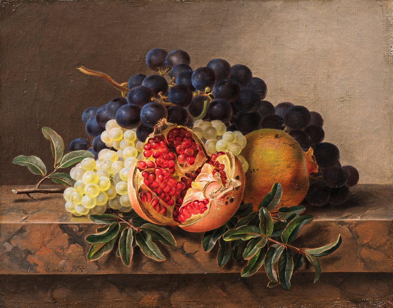 Granatæbler og grønne og blå druer på marmorramme, 1833. af Johan Laurentz Jensen