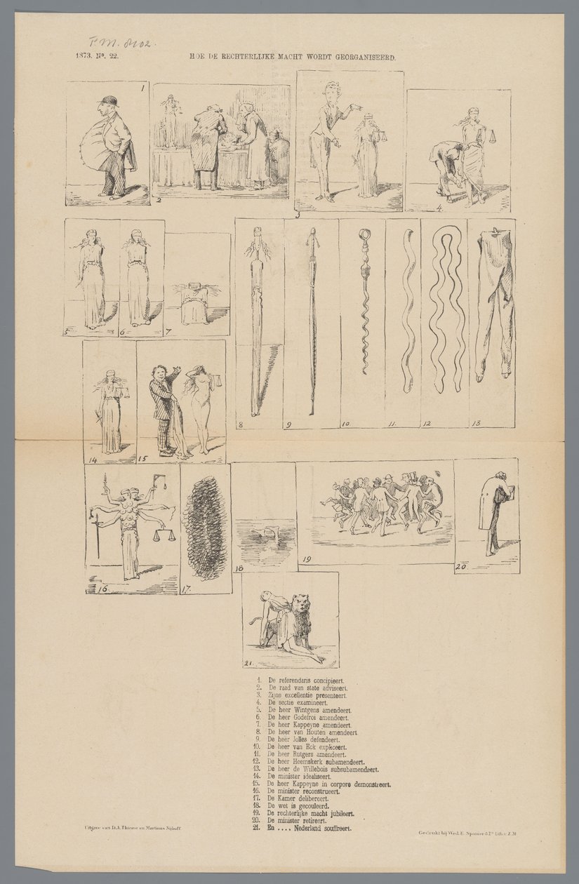 Tegneserie om retsreformen, 1873 Hvordan retsvæsenet er organiseret (titel på objekt) af Johan Michaël Schmidt Crans