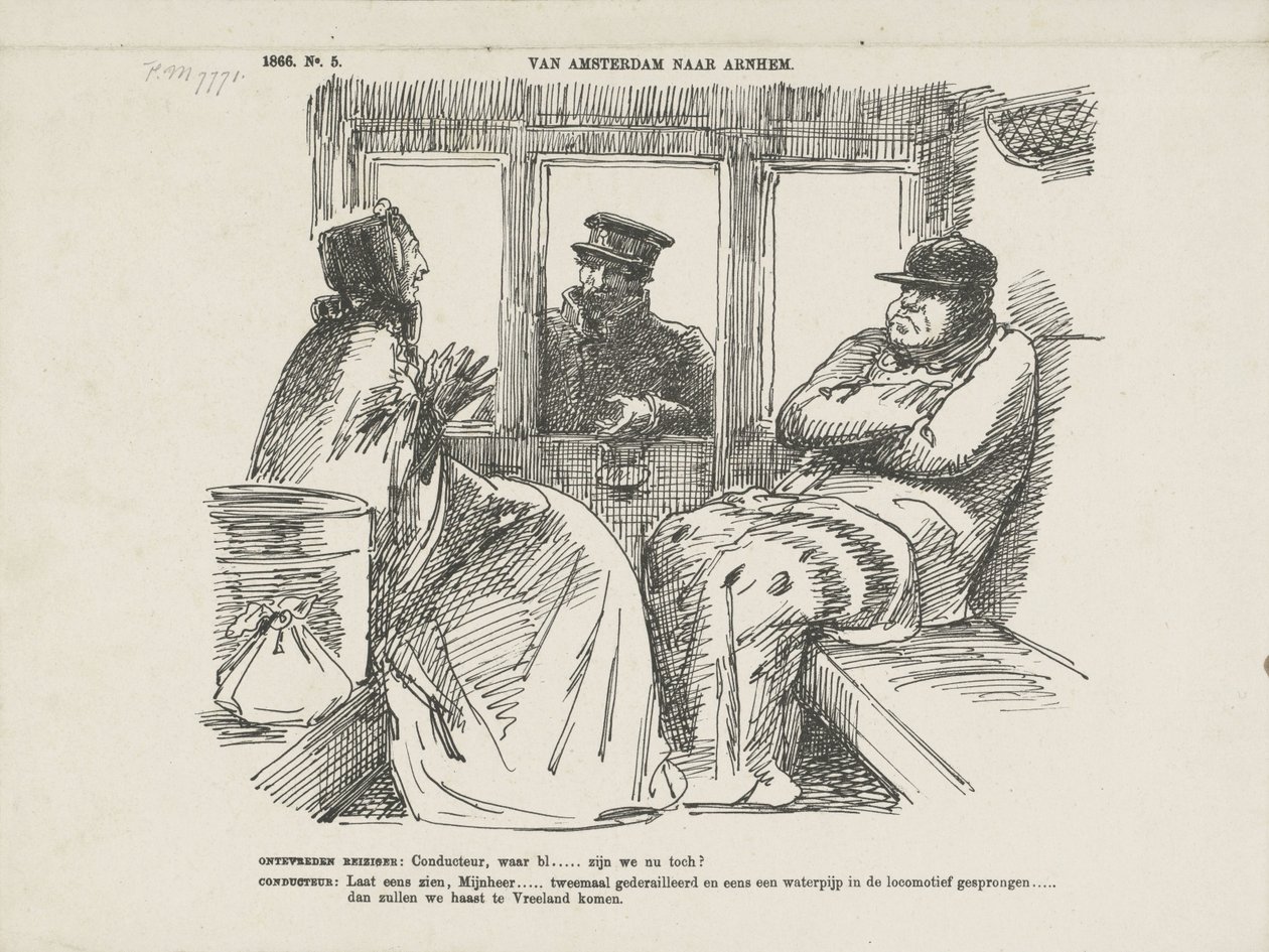 Tegneserie af de mange ulykker på Rhijnspoorweg, 1866 Fra Amsterdam til Arnhem (titel på objekt) af Johan Michaël Schmidt Crans
