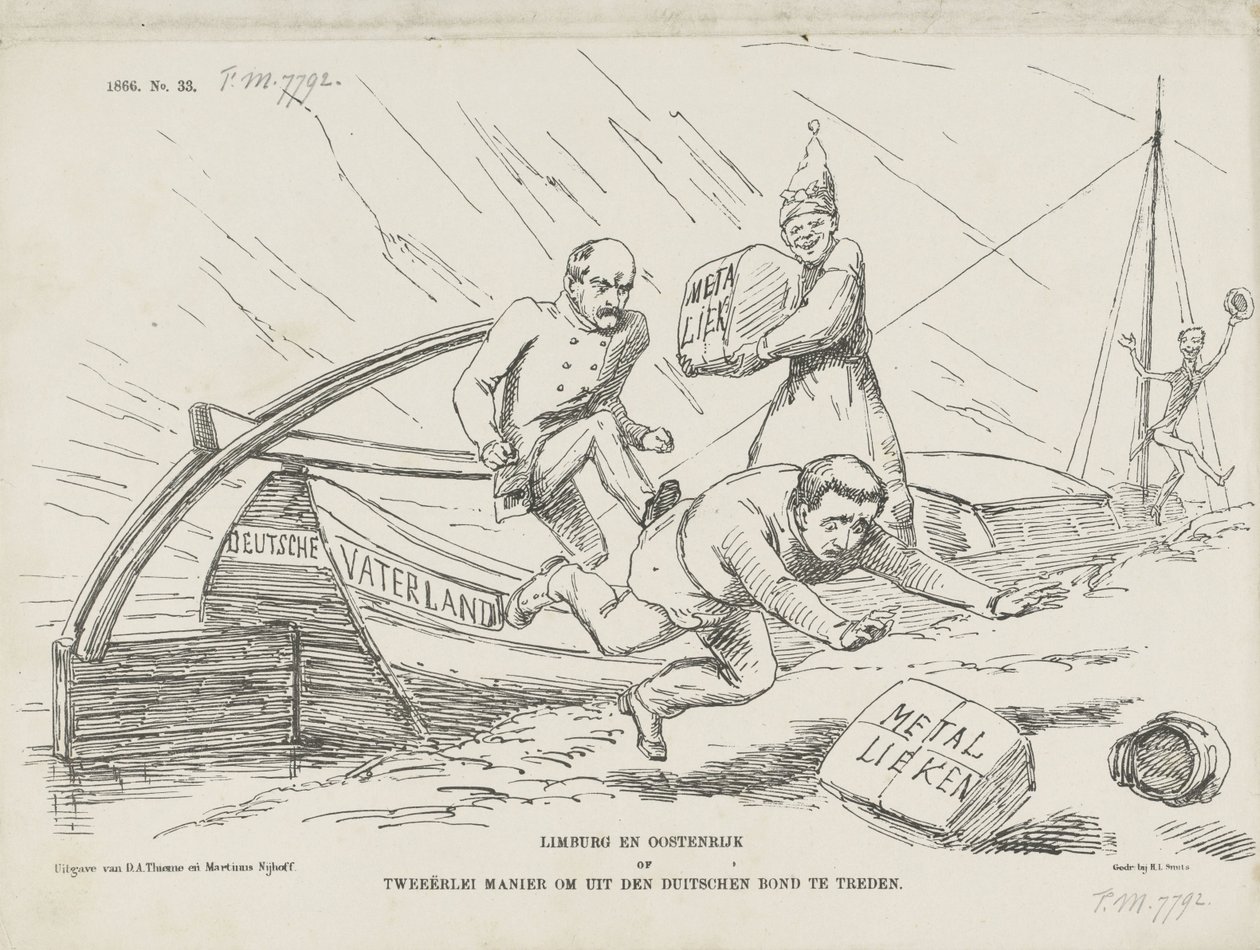 Tegnefilm om Bismarck og det tyske forbund, 1866 Limburg og Østrig eller to måder at forlade det tyske forbund (titel på objekt) af Johan Michaël Schmidt Crans