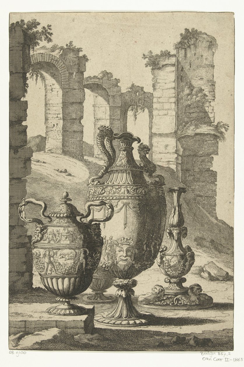 Tre vaser og en lysestage Materiam superabat opus (titel på objekt) Vaser og lysestager (serietitel) af Johan Teyler (attributed to)
