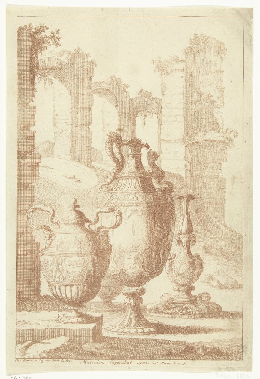 Tre vaser og en lysestage Materiam superabat opus (titel på objekt) Vaser og lysestager (serietitel) af Johan Teyler (attributed to)