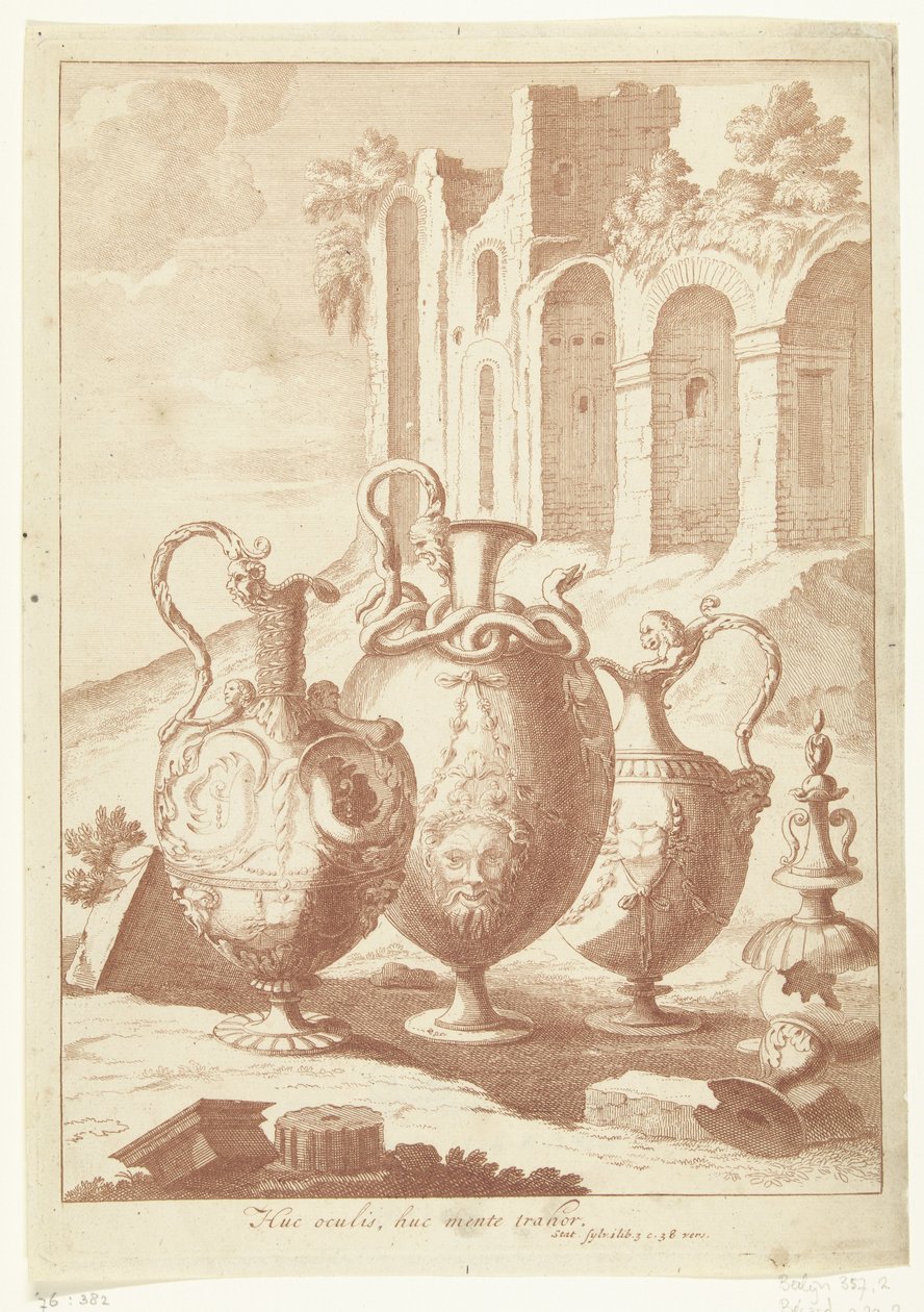 Fire vaser, den fjerde knækket Huc oculis, huc mente trahor (titel på objekt) Vaser og lysestager (serietitel) af Johan Teyler (attributed to)