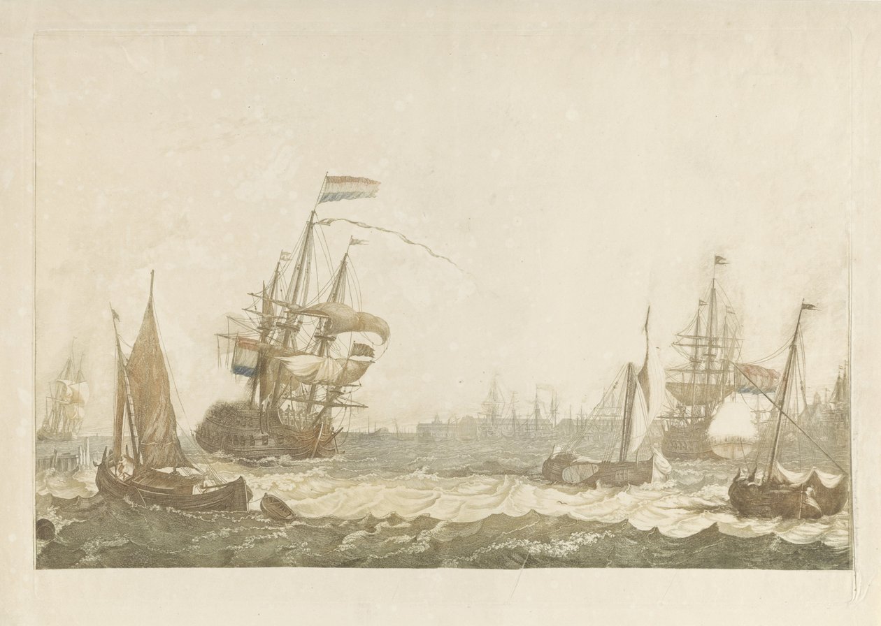 Udsigt over IJ med Oost-Indisch Zeemagazijn og Oosterkerk af Johan Teyler (possibly)