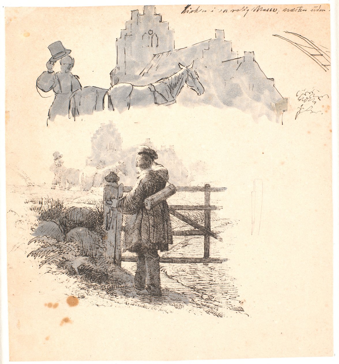 Aftenstunden. F.o. studie af bonde-manden ved kirken. Illustration til Kaalunds "Fabler for Børn". Se kommentar fra arkkatalog. af Johan Thomas Lundbye