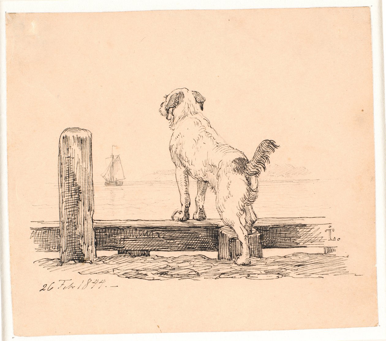 Hunden ved stranden. Illustration til Kaalunds "Fabler for Børn". Se kommentar fra arkkatalog. af Johan Thomas Lundbye