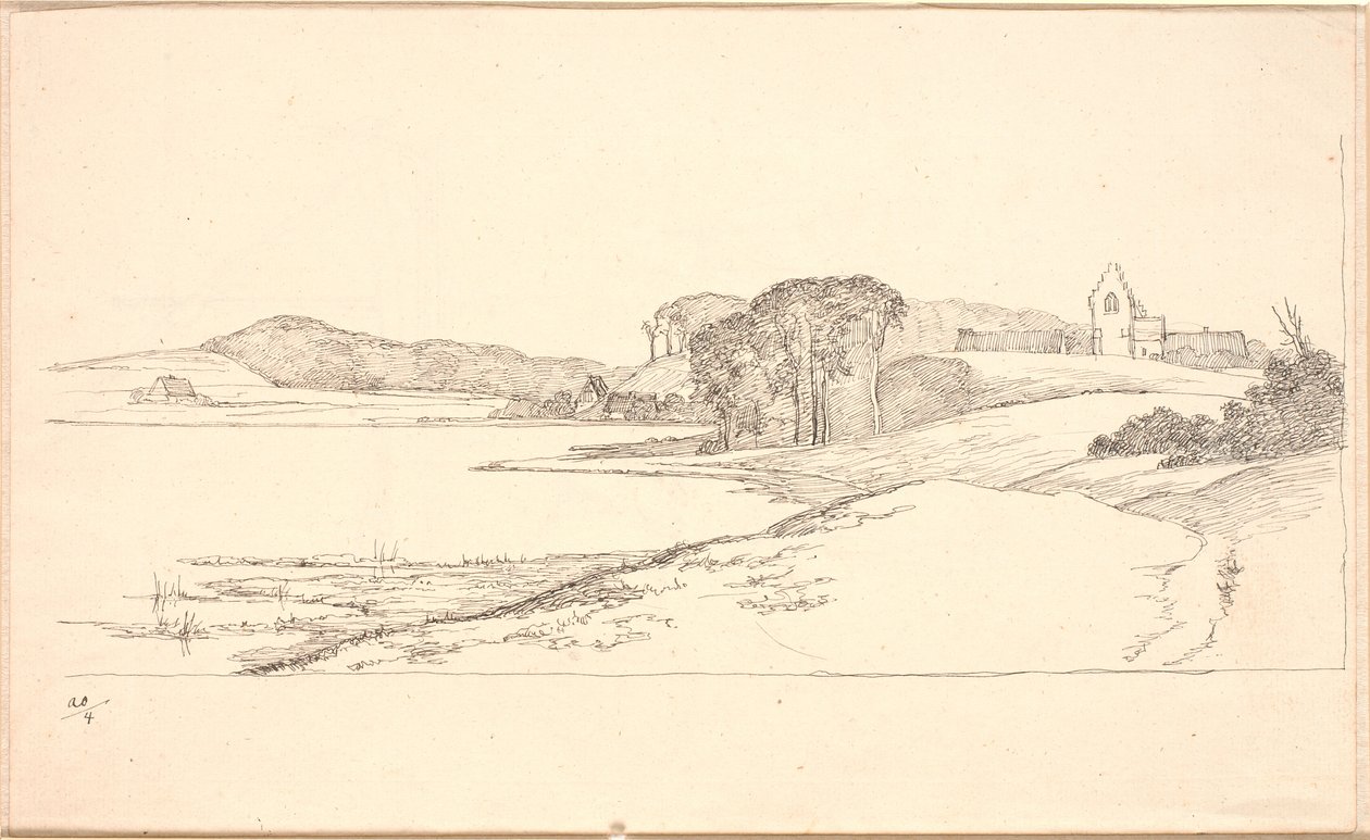 Parti ved Søllerød Sø, t.h. kirken af Johan Thomas Lundbye