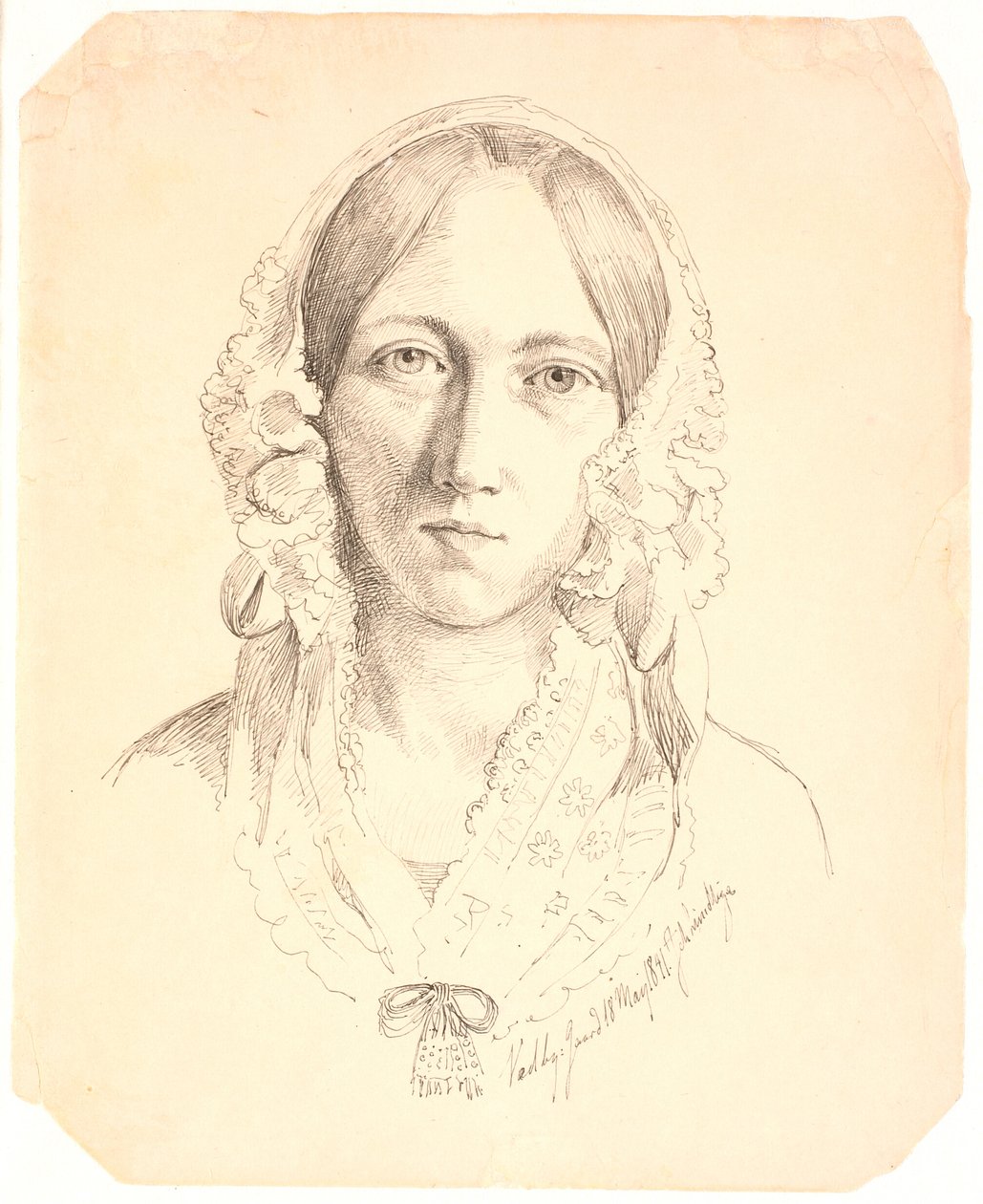 Portræt af en ung kvinde, en face. Muligvis forestillende Louise Marie Neergaard (1816-1895) af Johan Thomas Lundbye