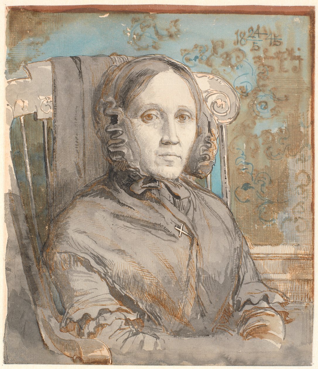Portræt af kunstnerens moder, oberstinde Cathrine Lundbye (f. Bonnevie); halvfigur siddende i stol mod højre. af Johan Thomas Lundbye