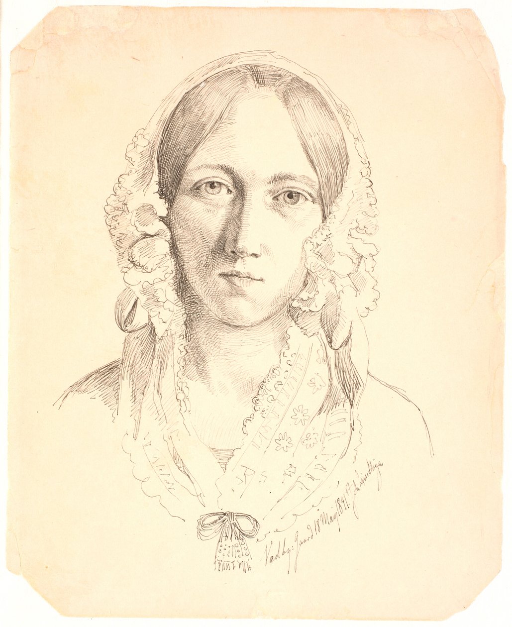 Portræt af en ung kvinde, en face. Muligvis forestillende Louise Marie Neergaard (1816-1895) af Johan Thomas Lundbye