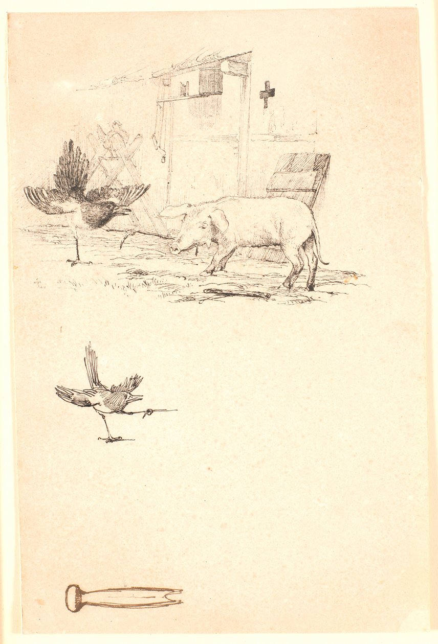 Storken og grisen. Nedenunder studie af skaden og et stykke værktøj. Illustration til Kaalunds "Fabler for Børn". Se kommentar fra arkkatalog. af Johan Thomas Lundbye