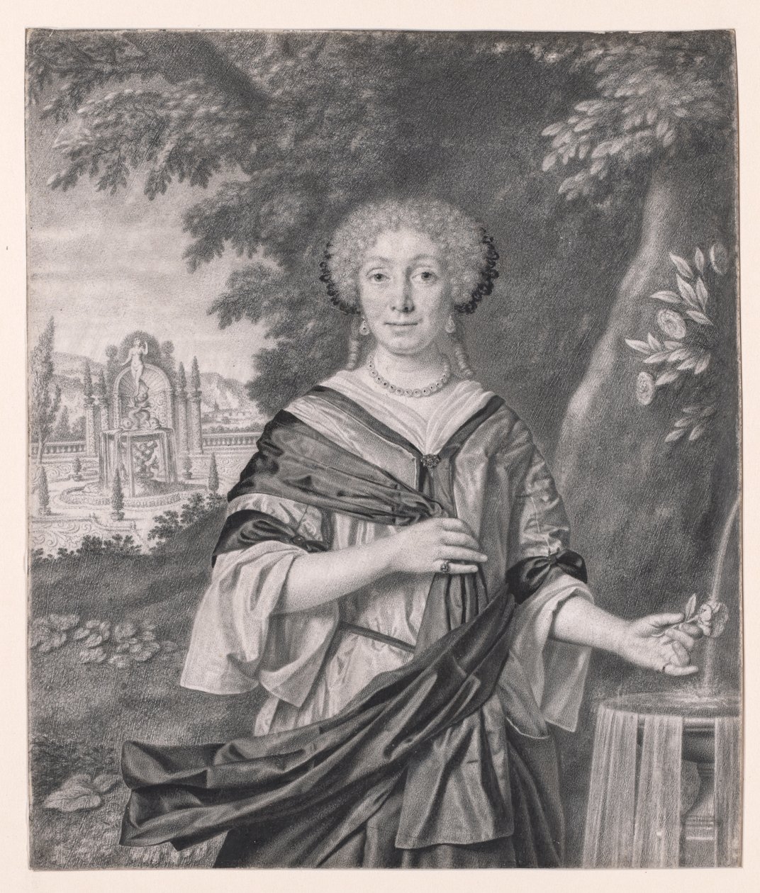 Portræt af en kvinde nær et springvand, en rose i hendes hånd af Johan Thopas