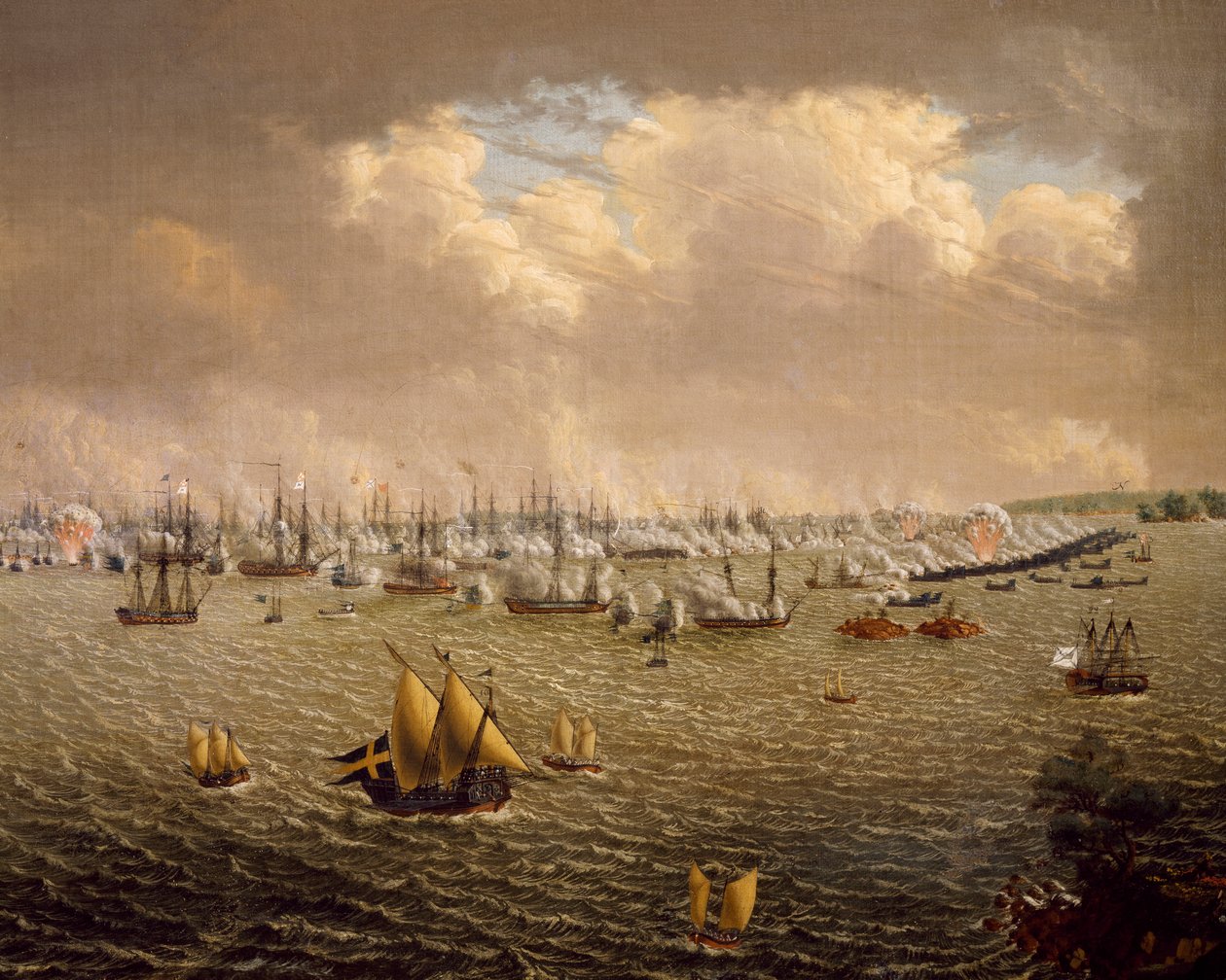 Slaget ved Skargard mellem svenske og russiske flåder på grund af Sveriges herredømme over Finland, 10. juli 1790, af Johan Tietrich Schoultz (1754-1807), russisk-svenske krige af Johan Tietrich Schoultz