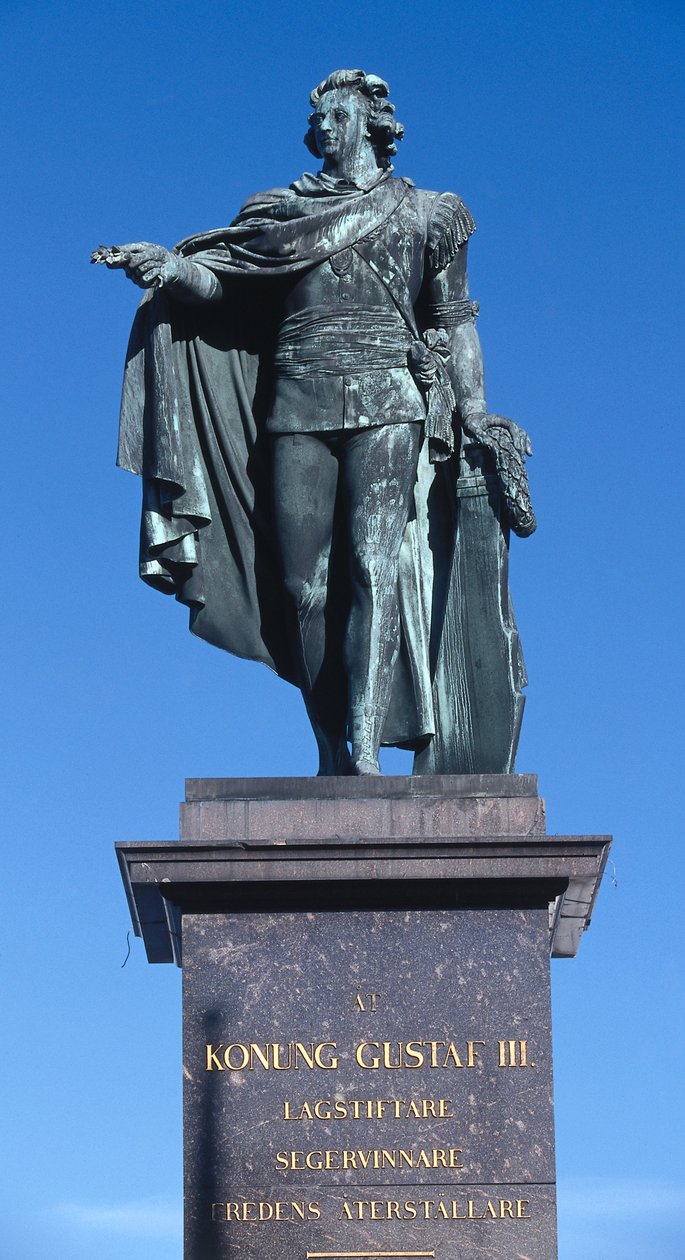 Statue af kong Gustav III skulptureret i 1799 til minde om kongen, der blev myrdet i 1792, Gamla Stan (Den Gamle By), Stockholm, Sverige (foto) af Johan Tobias Sergel