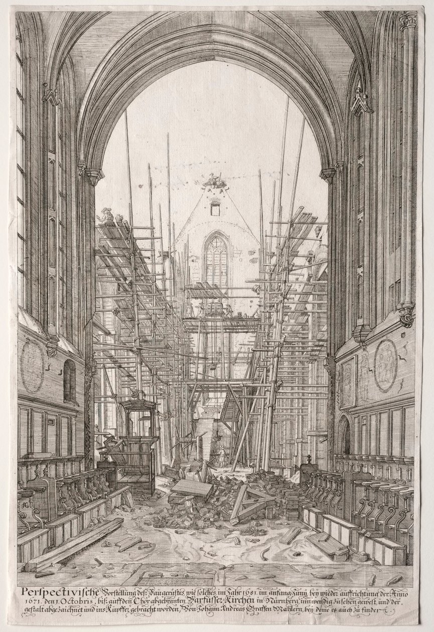 LArt Ancien Zurich: Udsigt i franciskanernes kirke, Barfüsser-Kirke, 1681. af Johan Ulrich Krauss