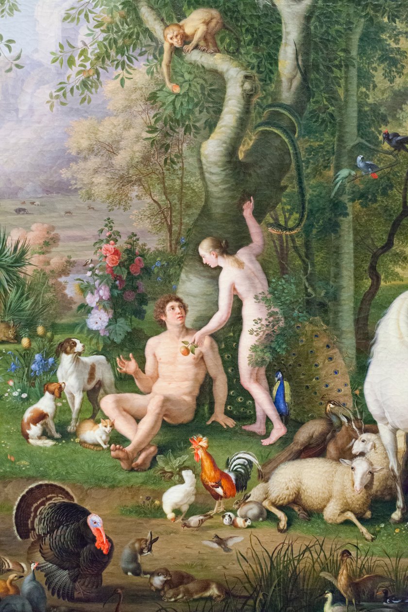 Adam og Eva i Edens have (olie på lærred) (detalje af 3362284) af Johan Wenzel Peter