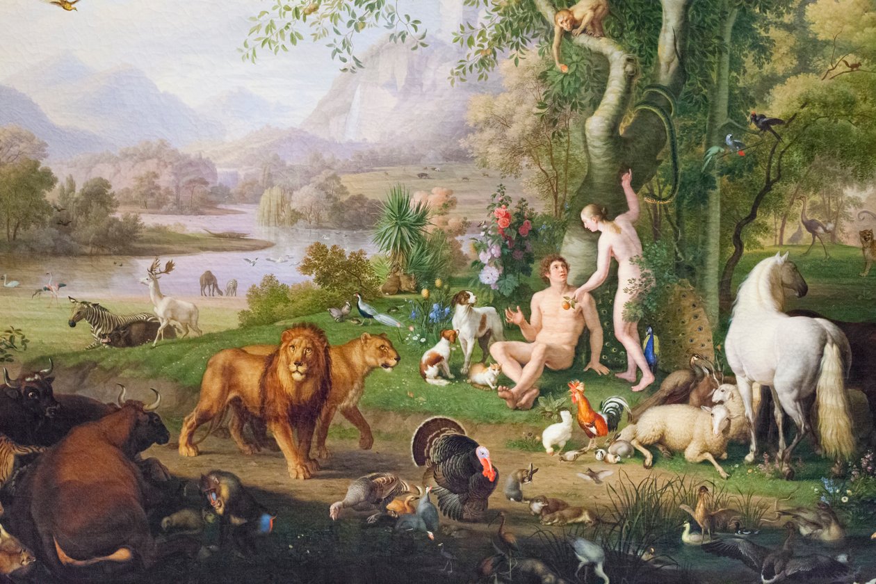 Adam og Eva i Edens have (olie på lærred) af Johan Wenzel Peter