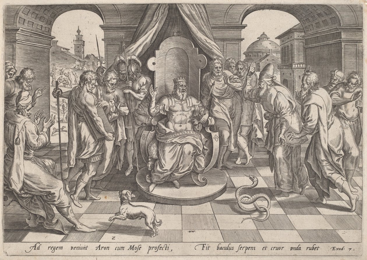 Moses og Aron foran Farao af Johan Wierix, after Maarten van Cleef