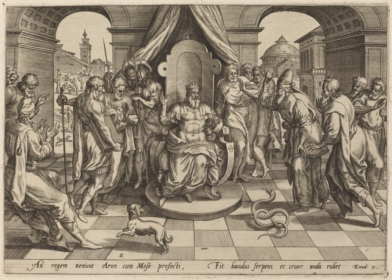 Moses og Aron foran faraaen af Johan Wierix, after Maarten van Cleef