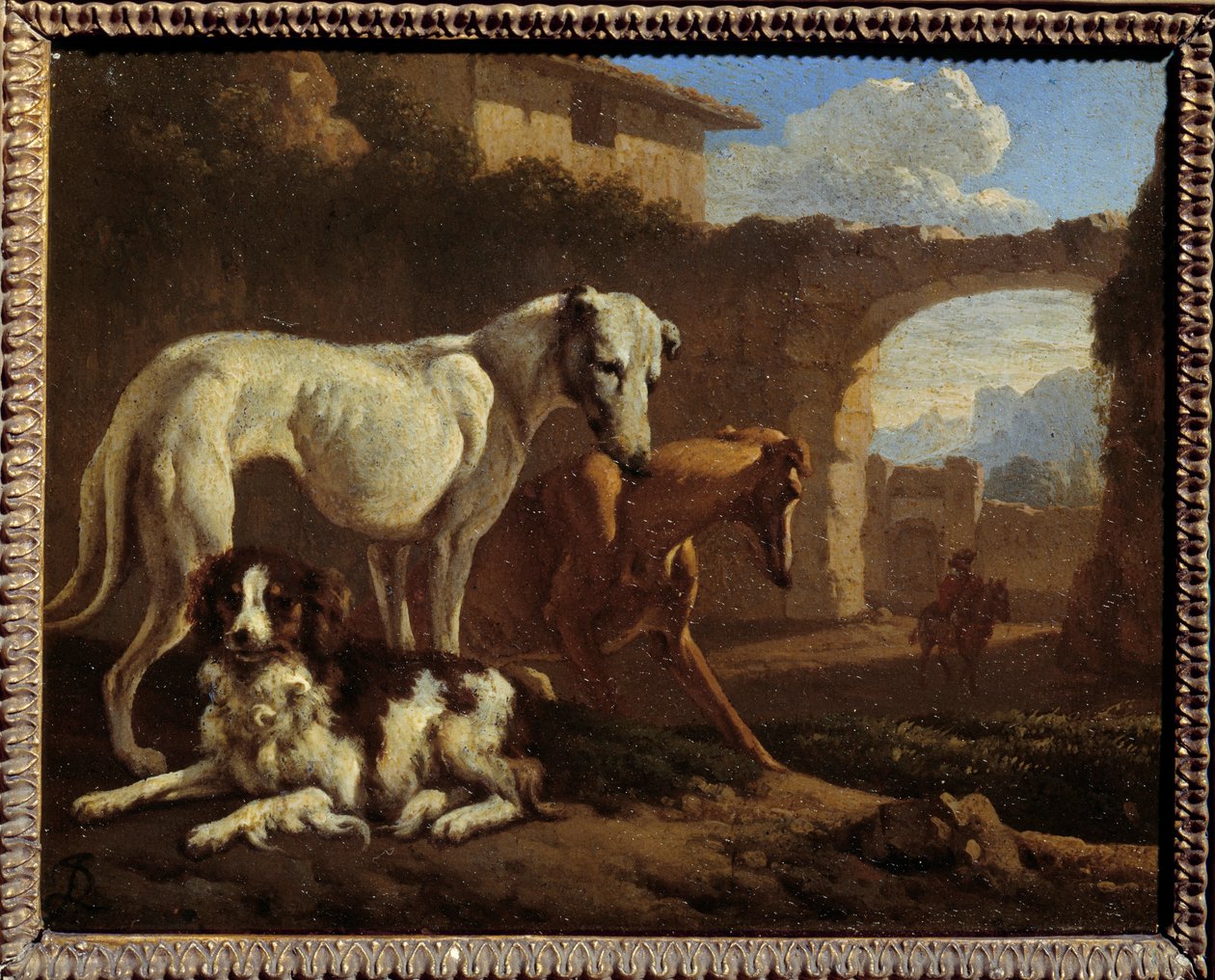 Spagneul og gær. Maleri af Jan Le Ducq (1627-1676) Ec. Hol. af Johan le Ducq
