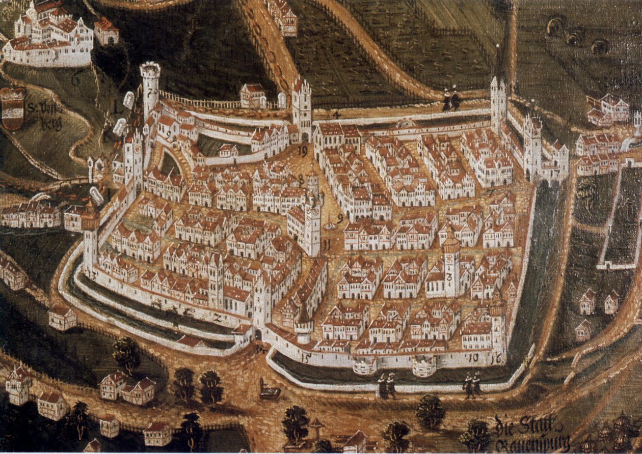 Prospekt for Weißenau -klosteret og kejserbyen Ravensburg fra nord af Johann Andreas Rauch