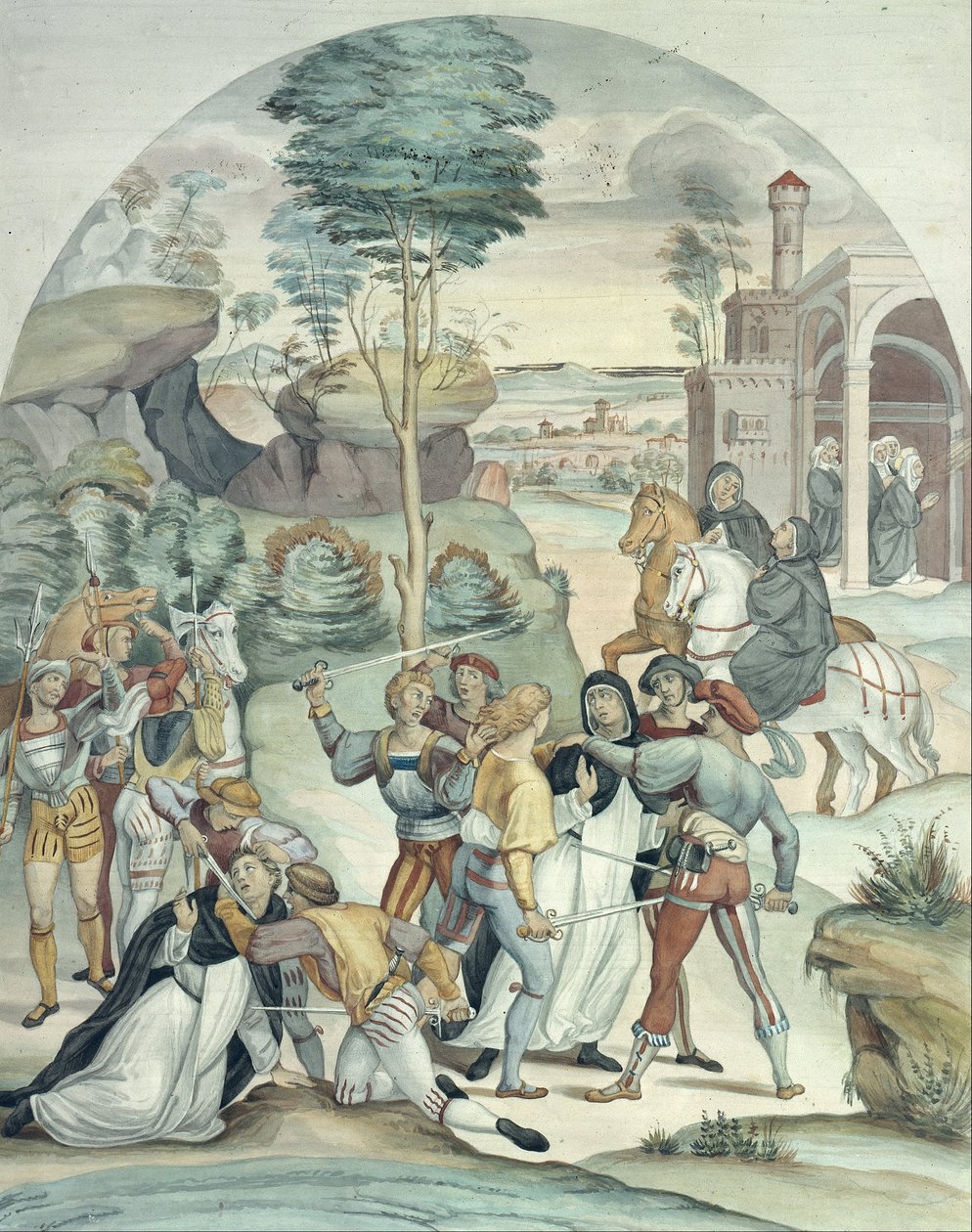 Den hellige Katharina af Siena redder to dominikanere fra røvere af Johann Anton Ramboux